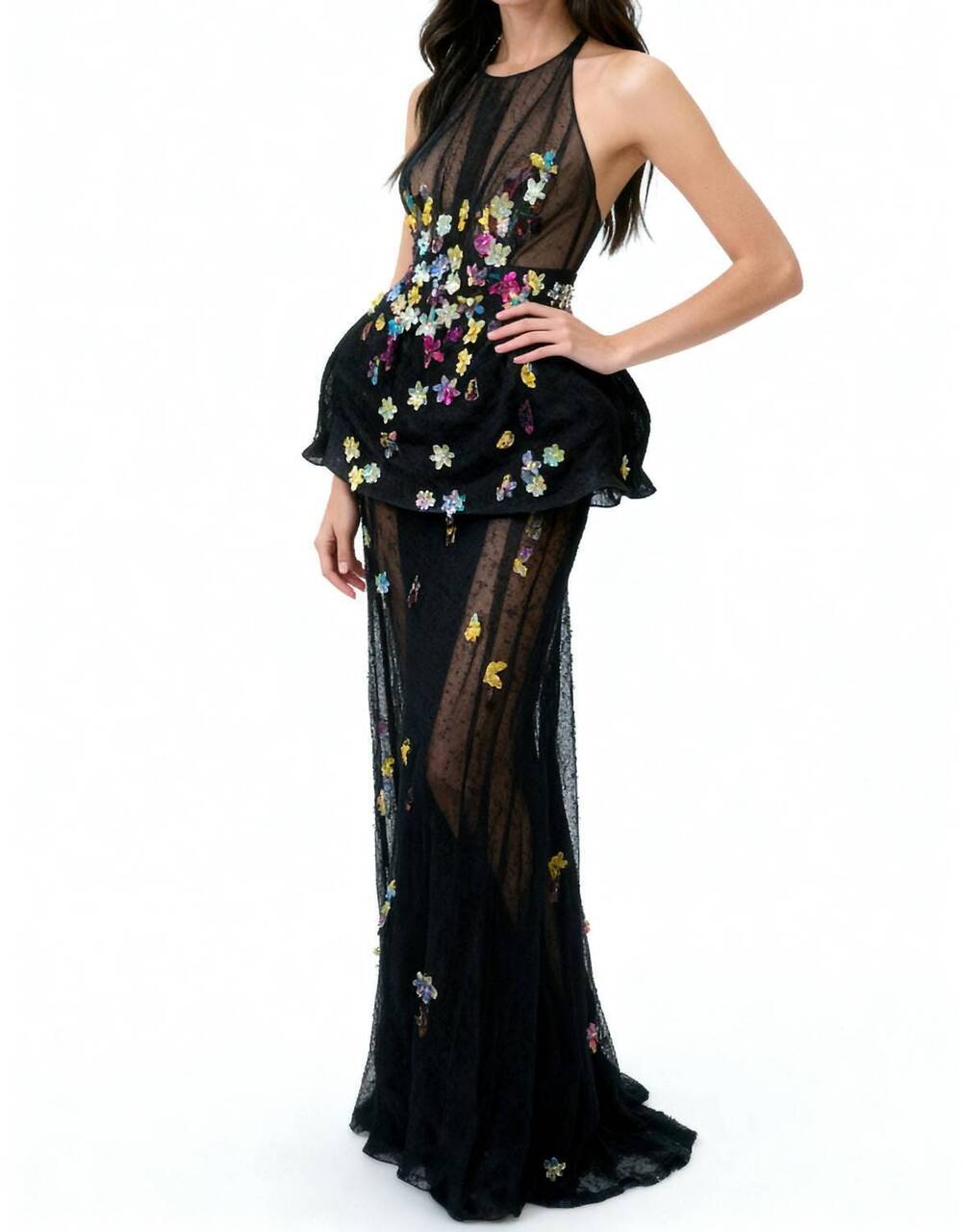 NEW ISABEL SANCHIS sheer lace 3d floral embellishments gown in black